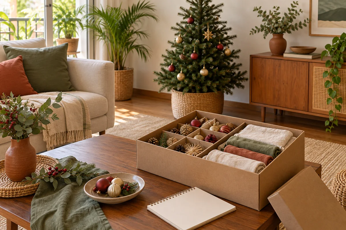 Sala com pequena árvore de Natal, caixa de enfeites e caderno de planejamento