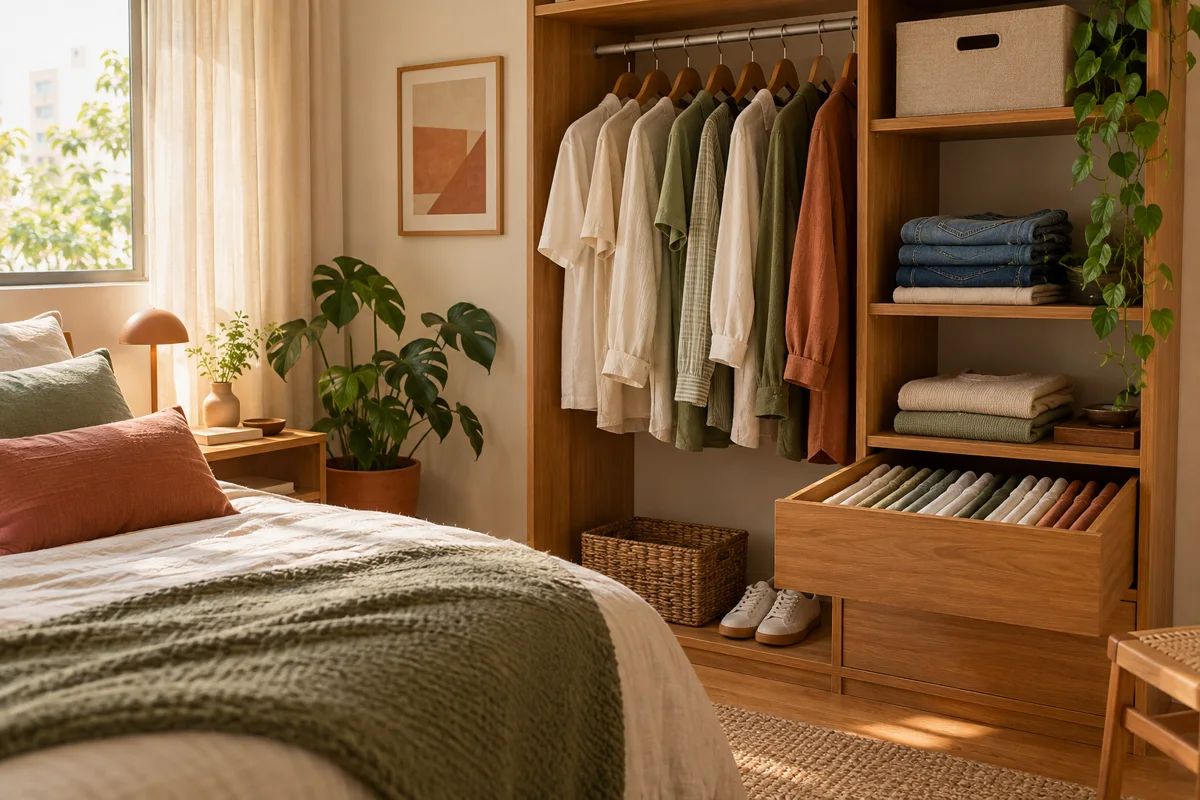 Guarda-roupa de madeira com roupas separadas em cabides, pilhas pequenas e camisetas dobradas na gaveta